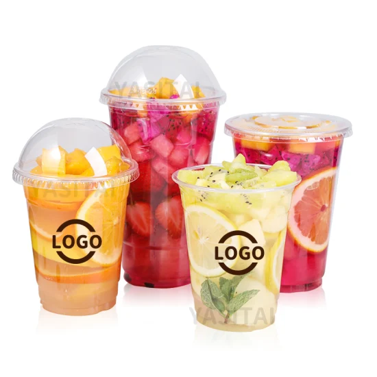 Copos plásticos descartáveis ​​plásticos claros para o smoothie gelado do chá do leite de Boba da bolha do café com tampas lisas ou logotipo feito sob encomenda das tampas da abóbada