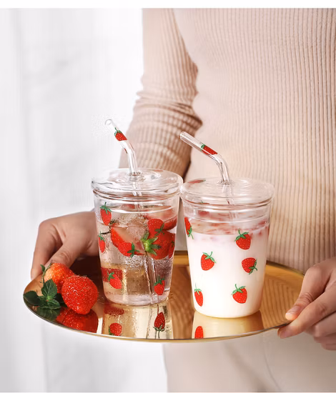 Caneca de vidro com boca larga de alta qualidade, xícara de chá e café com tampa e canudo